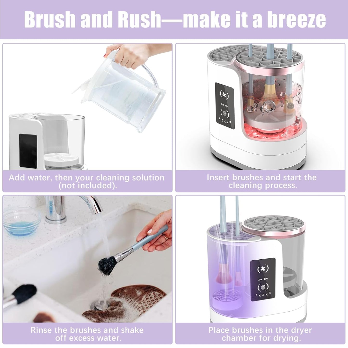 Electric Makeup Brush Cleaner, Automatic 3 In-1 Makeup Brush Dryer & Washer & Holder Combined, Portable Cosmetic Brush Cleaner Dryer Tool for All Size Makeup Brushes